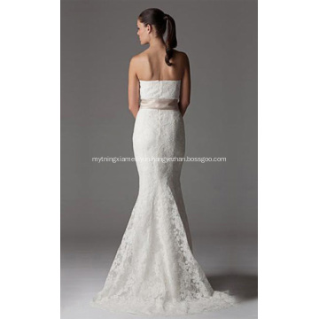 Trumpet Mermaid Strapless Chapel Train Lace Ribbon Wedding Dress